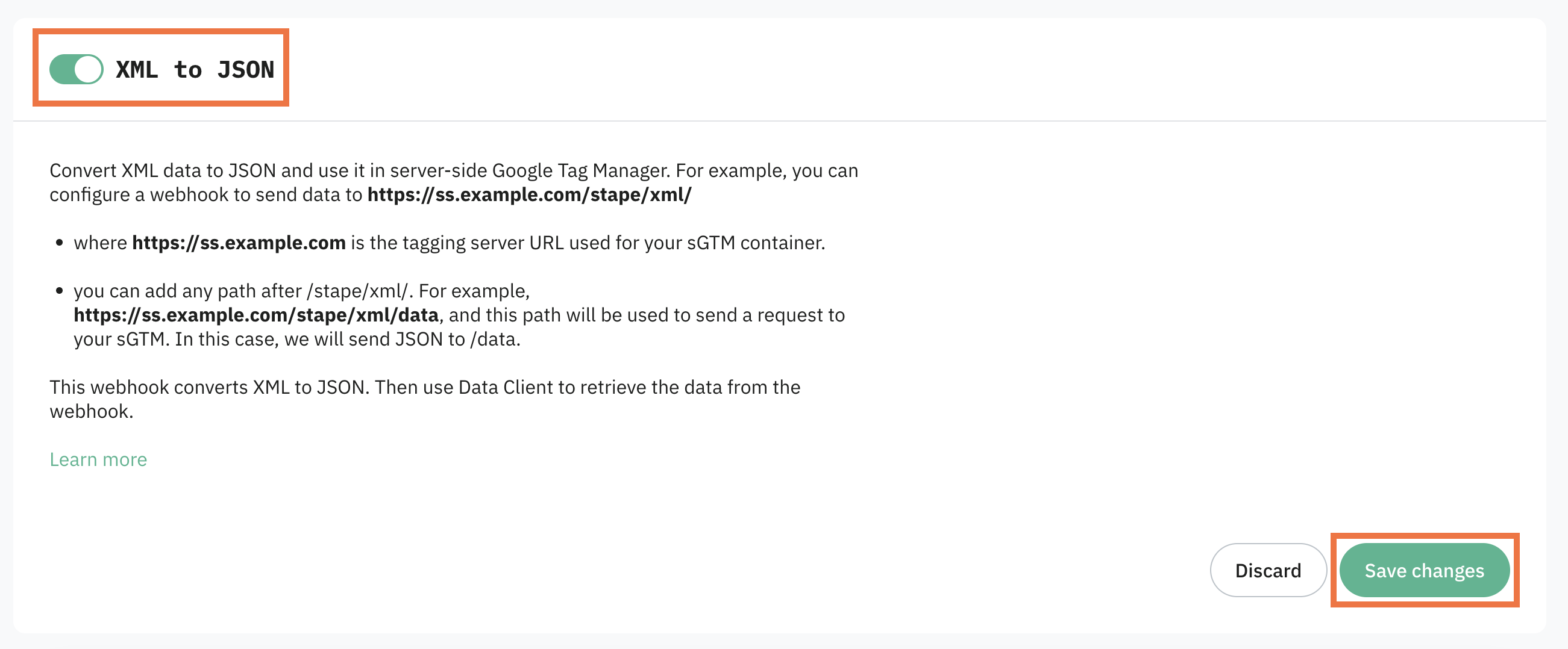 Toggle the XML to JSON switch to enable it