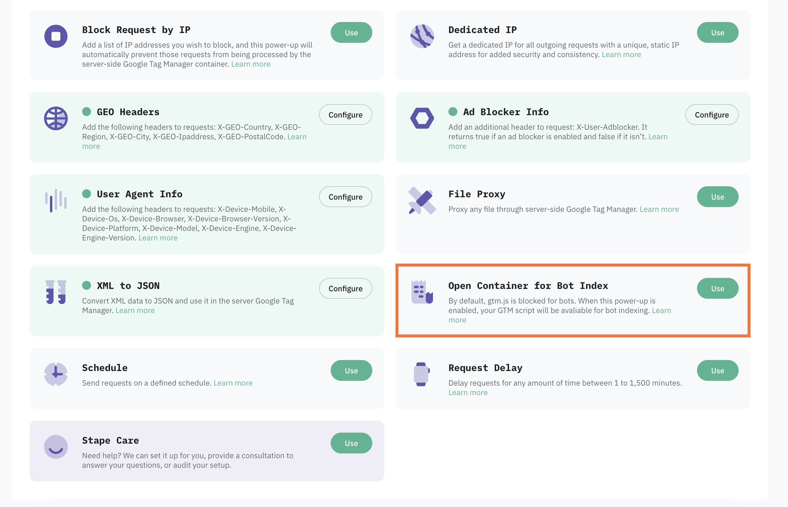 Click Use next to the Open Container for Bot Index panel.