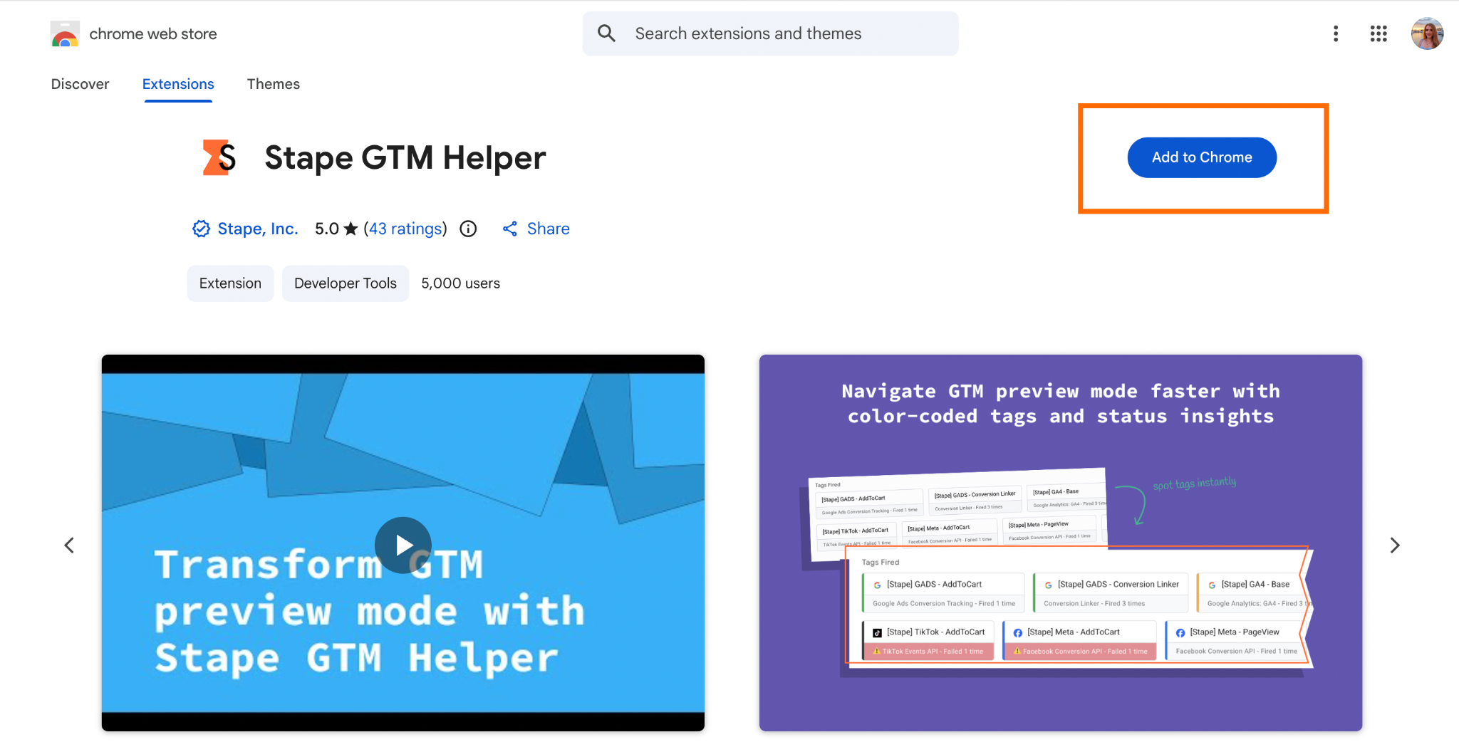 GTM Helper da Stape na Chrome Web Store
