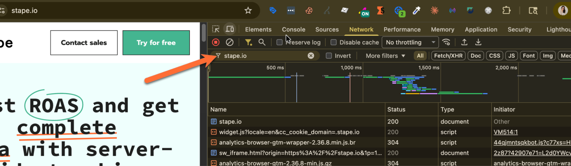 Find your site's HTML document request by searching for your domain in the filter, for example stape.io