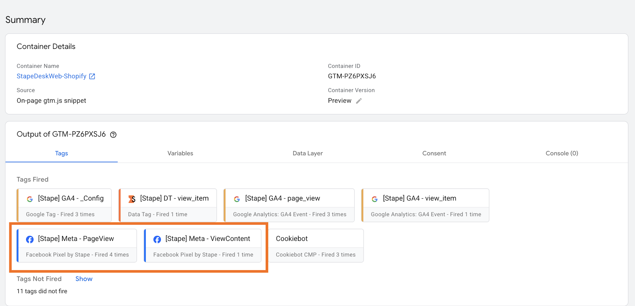 Meta tags fired in the web GTM container