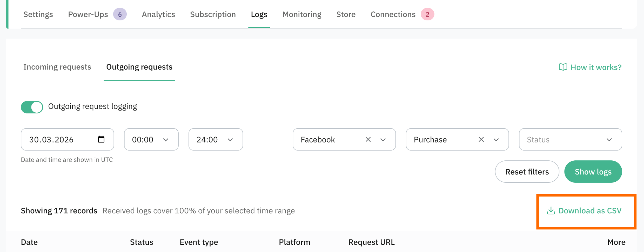"Download as CSV" option