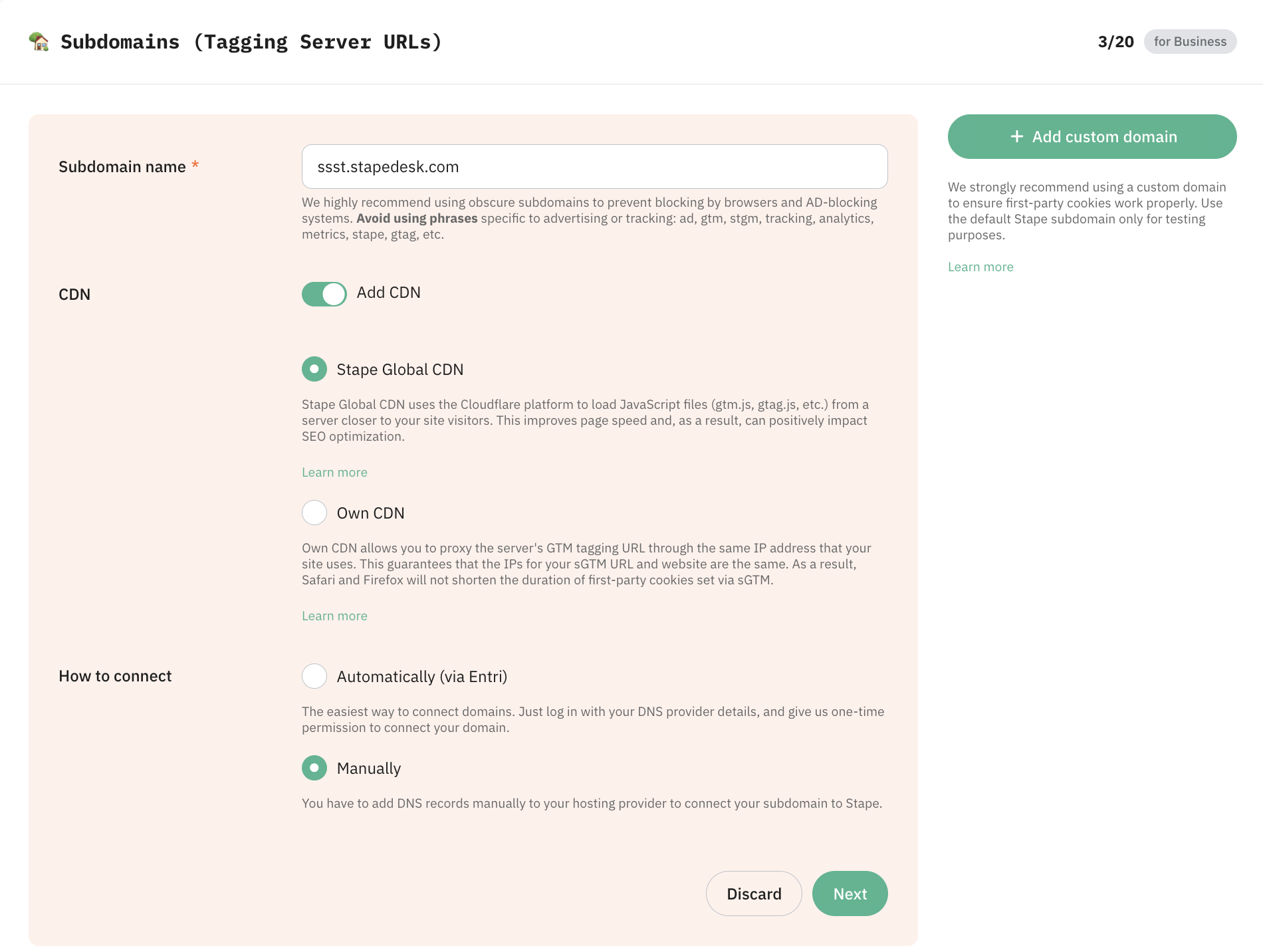 Opzione di connessione manuale selezionata
