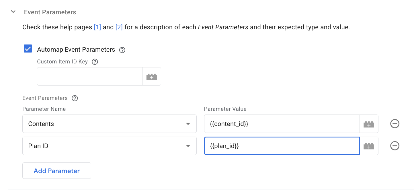 event parameters config