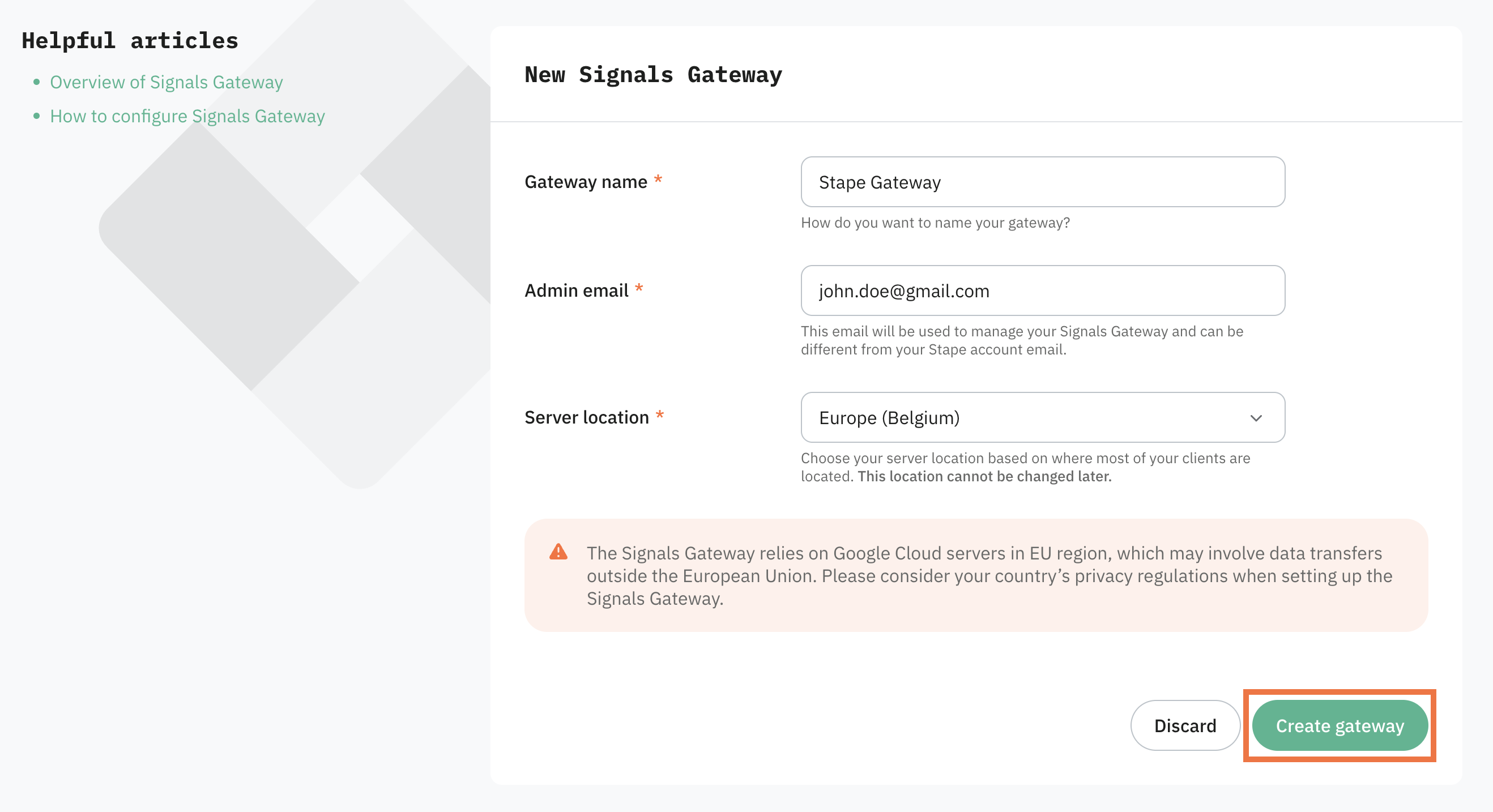 Click Create gateway