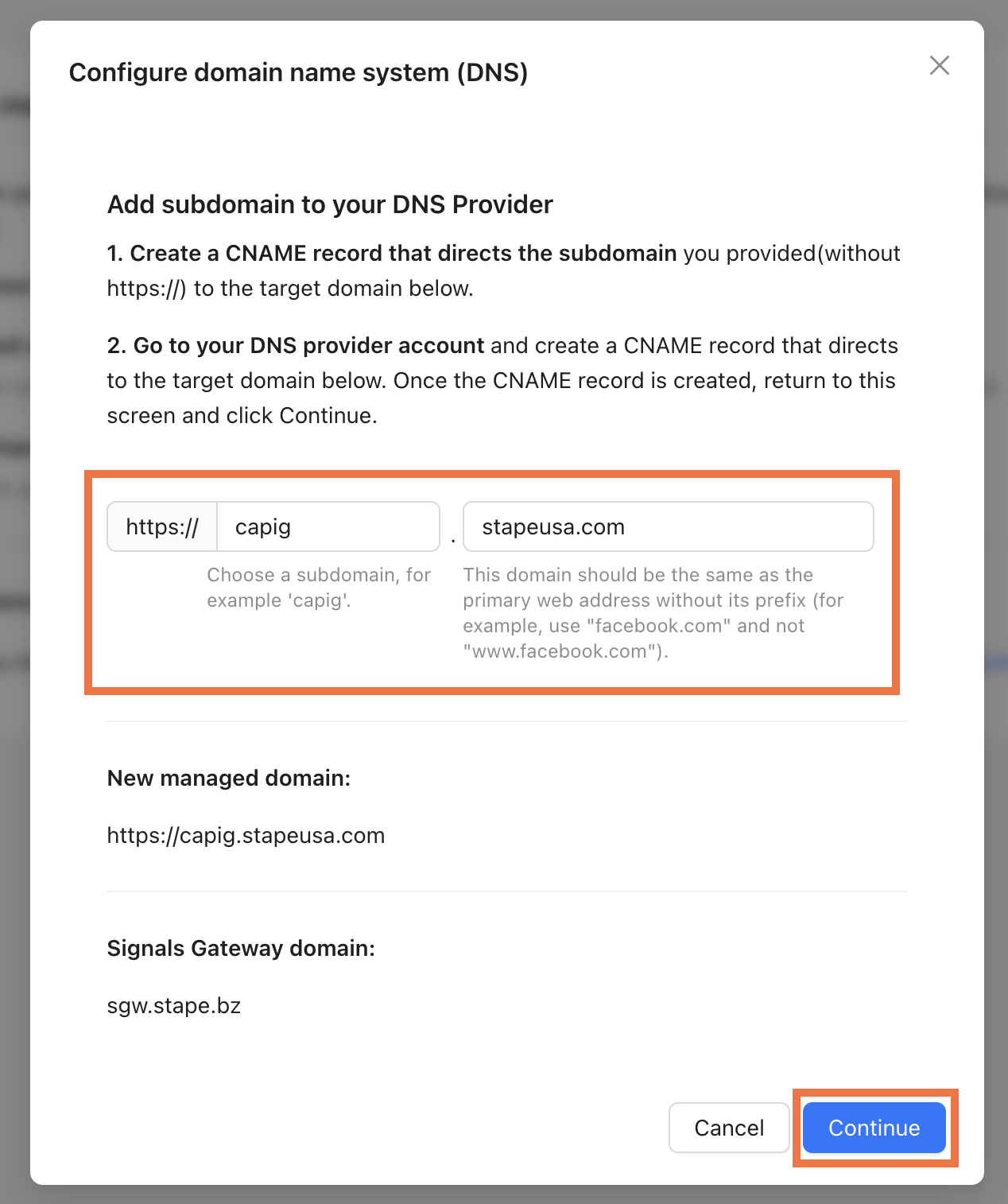 Enter your subdomain and root domain