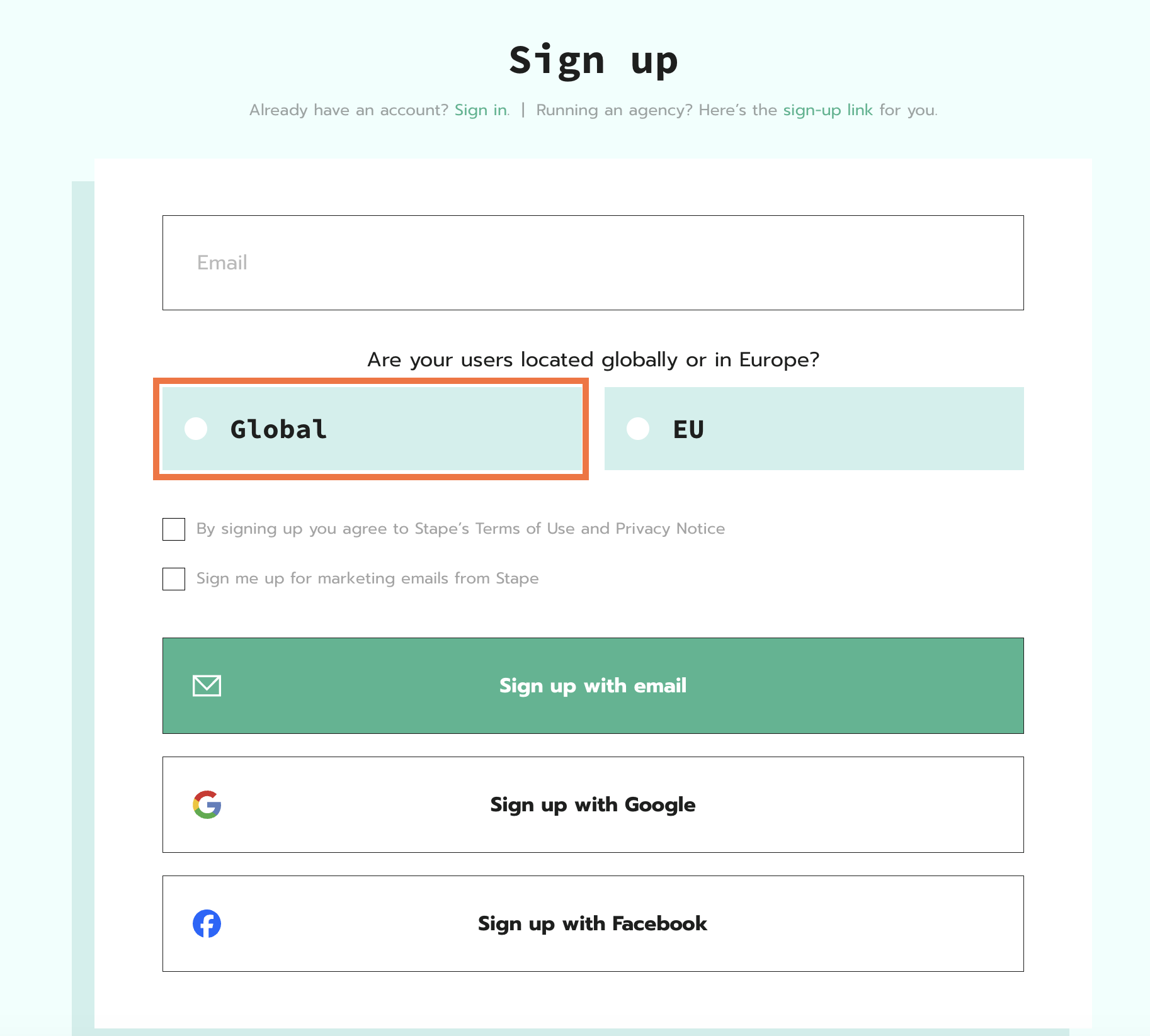 Select "Global" on the sign-up page
