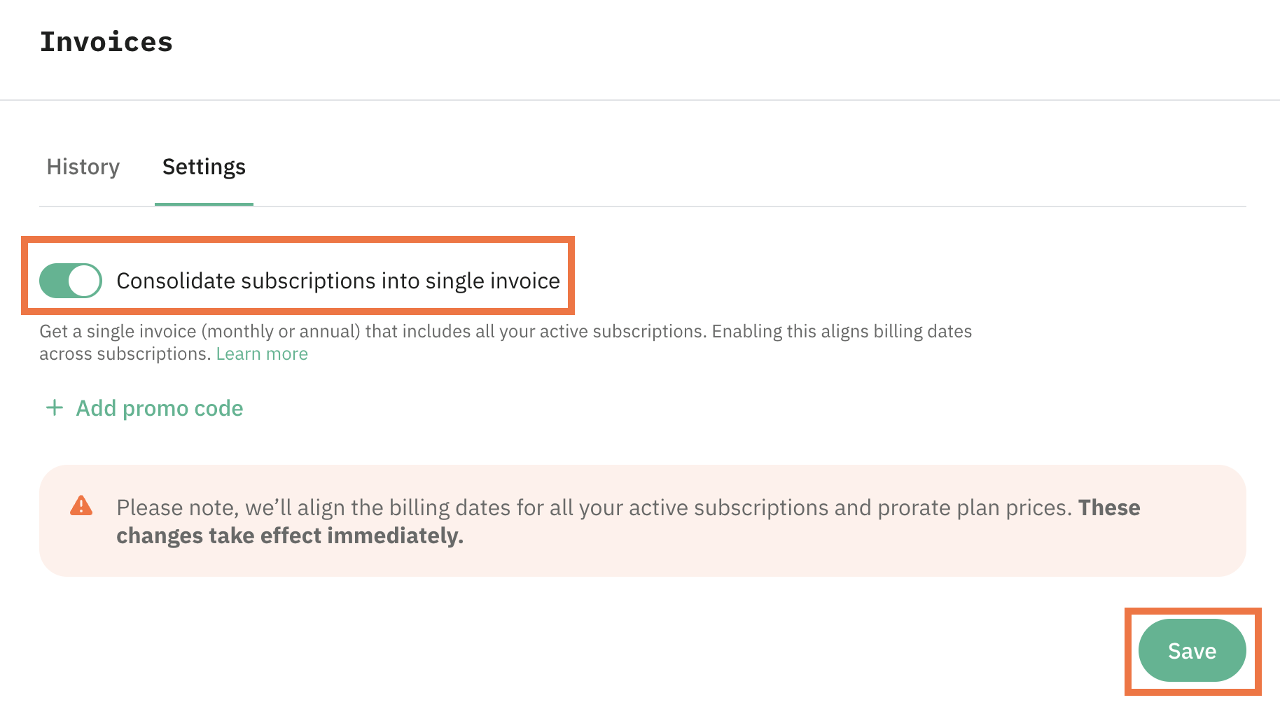 Toggle Consolidate subscriptions into single invoice on.