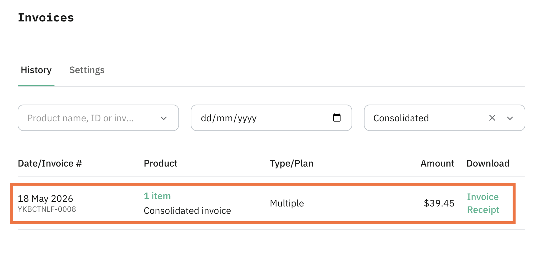 Any new subscription you add later joins the consolidated invoice automatically.