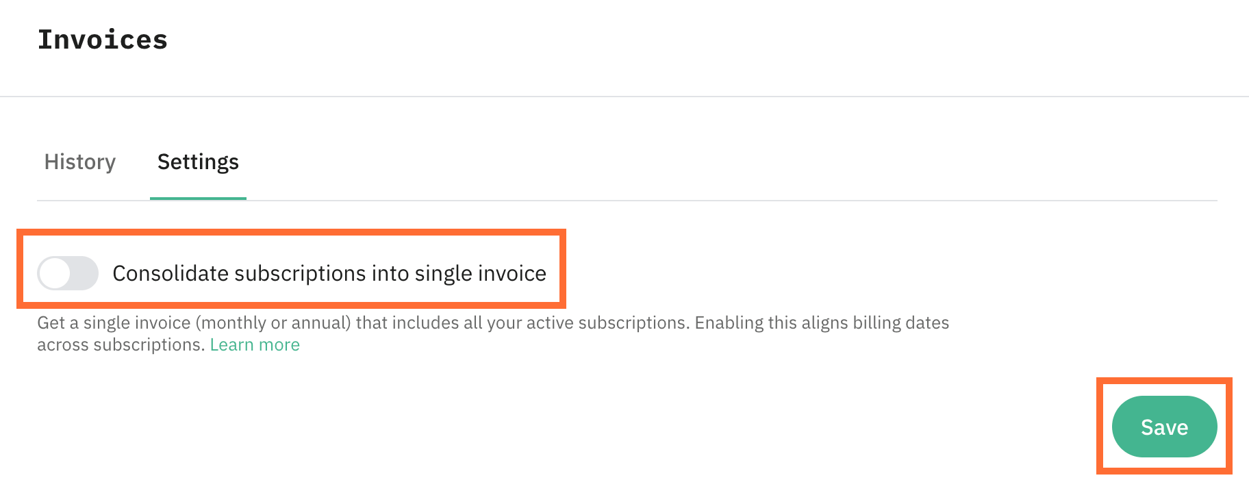 Toggle Consolidate subscriptions into single invoice off.
