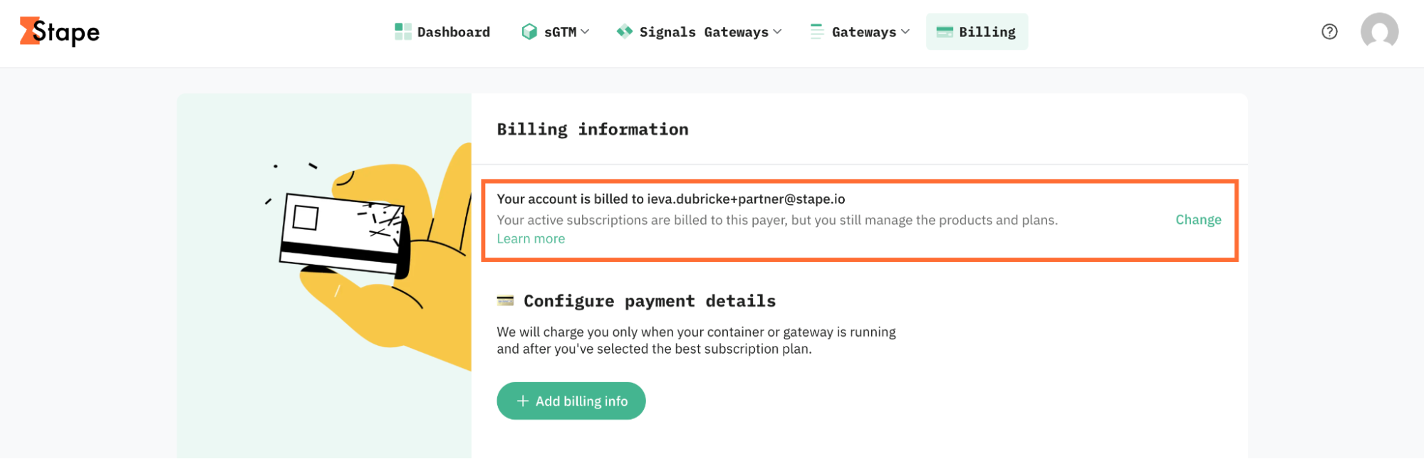 In the Billing information section, click Change.