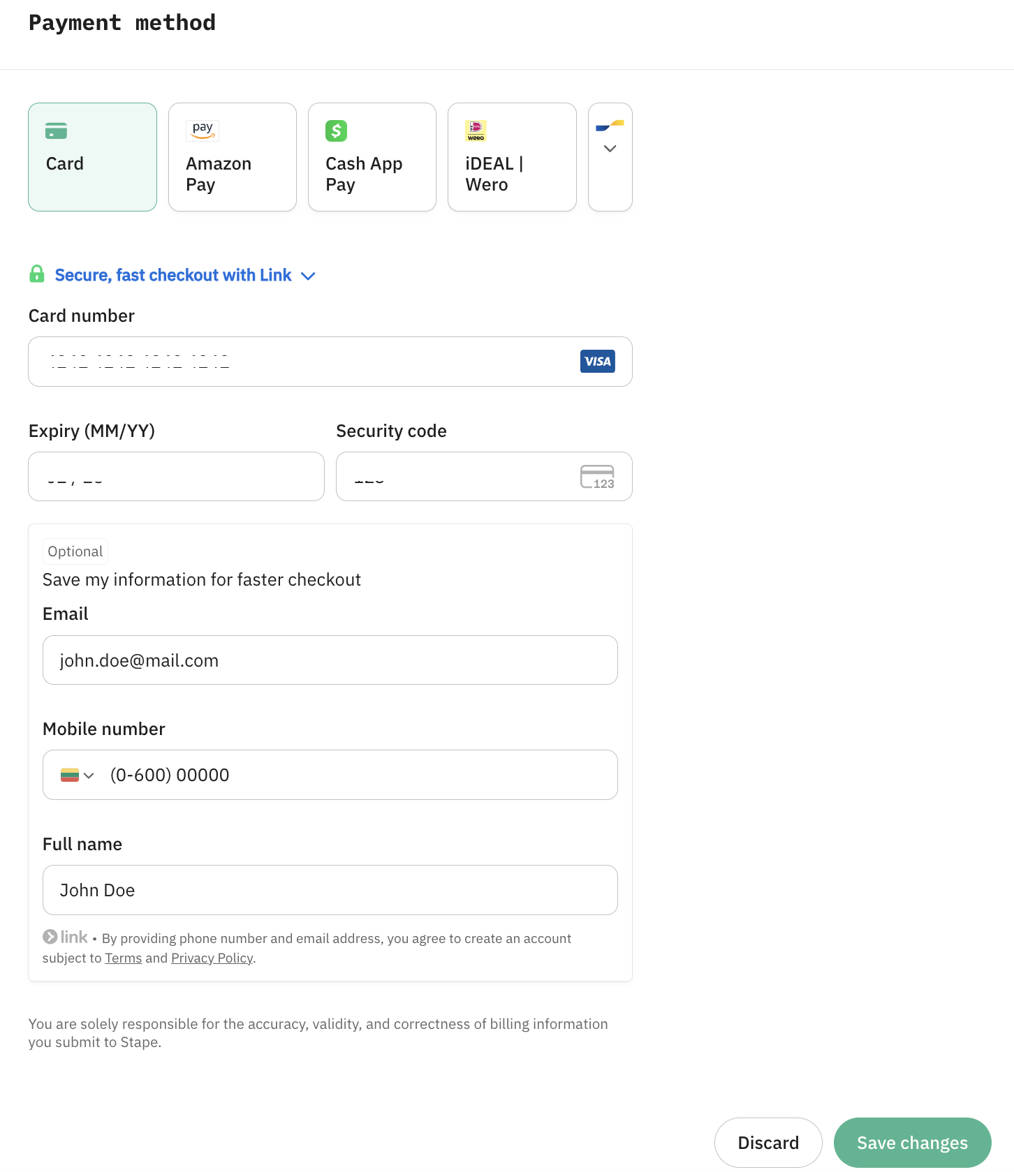 Payment method info
