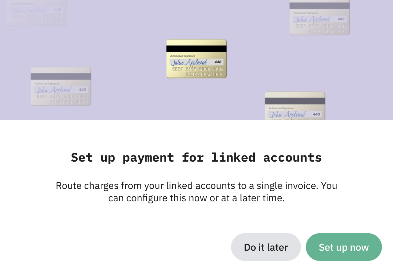 Once a billing method is saved, Stape prompts you to set up consolidated invoicing.