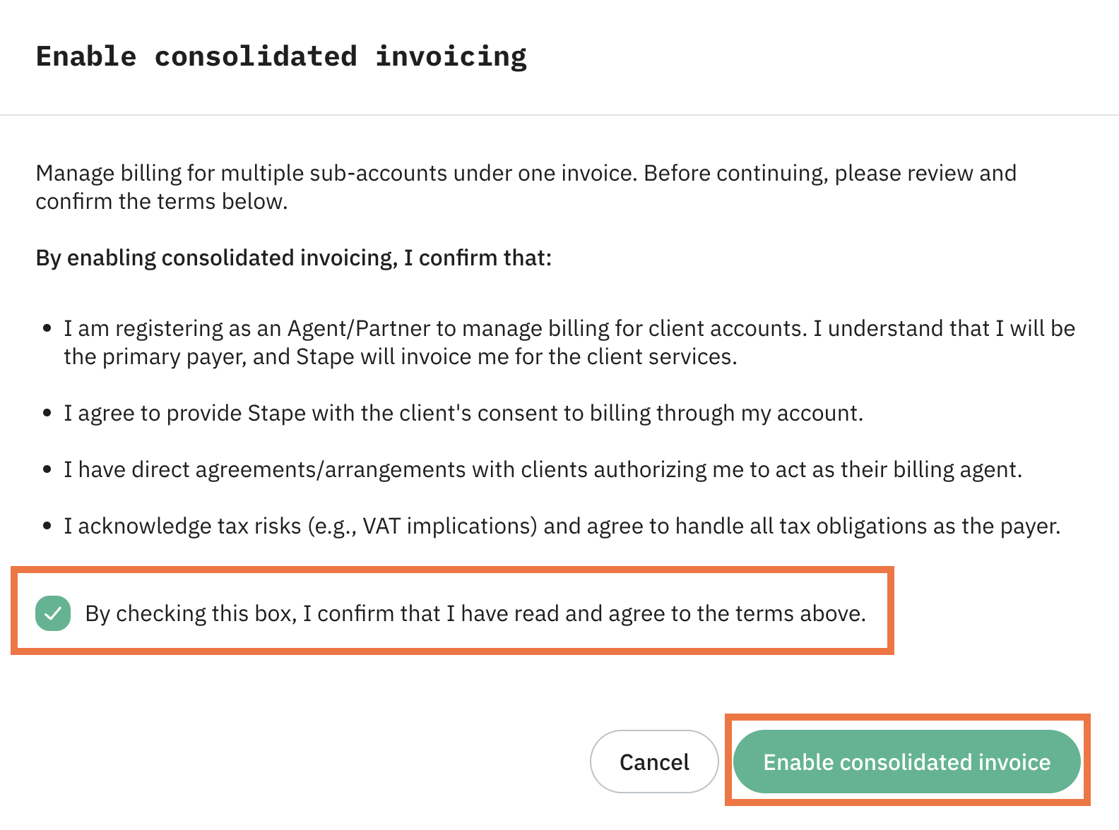 Review the terms, tick the box, and click Enable consolidated invoice.