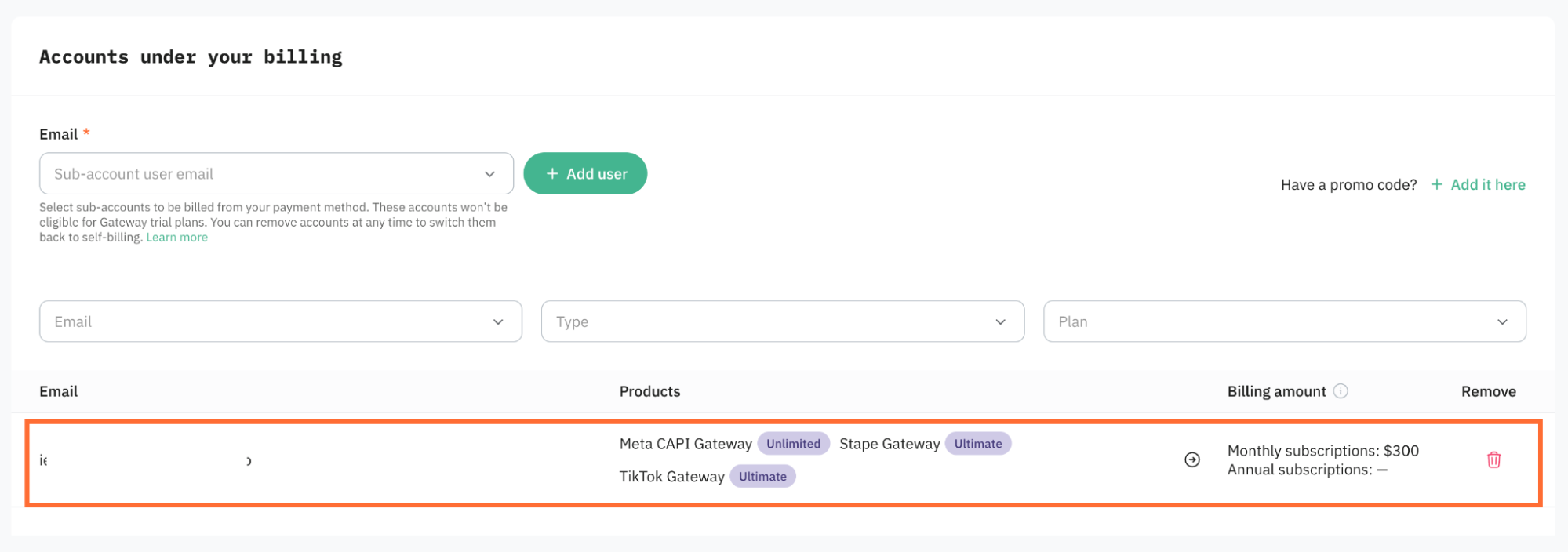 Below, you'll see a list of users already under your billing.