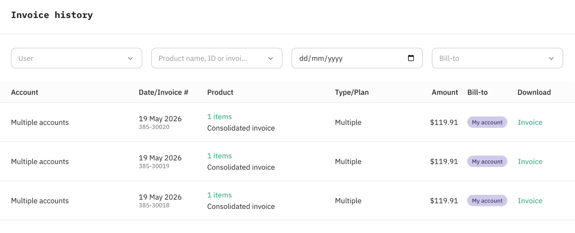 To see which subscriptions were paid through your account and which weren't, open Billing → Invoices.
