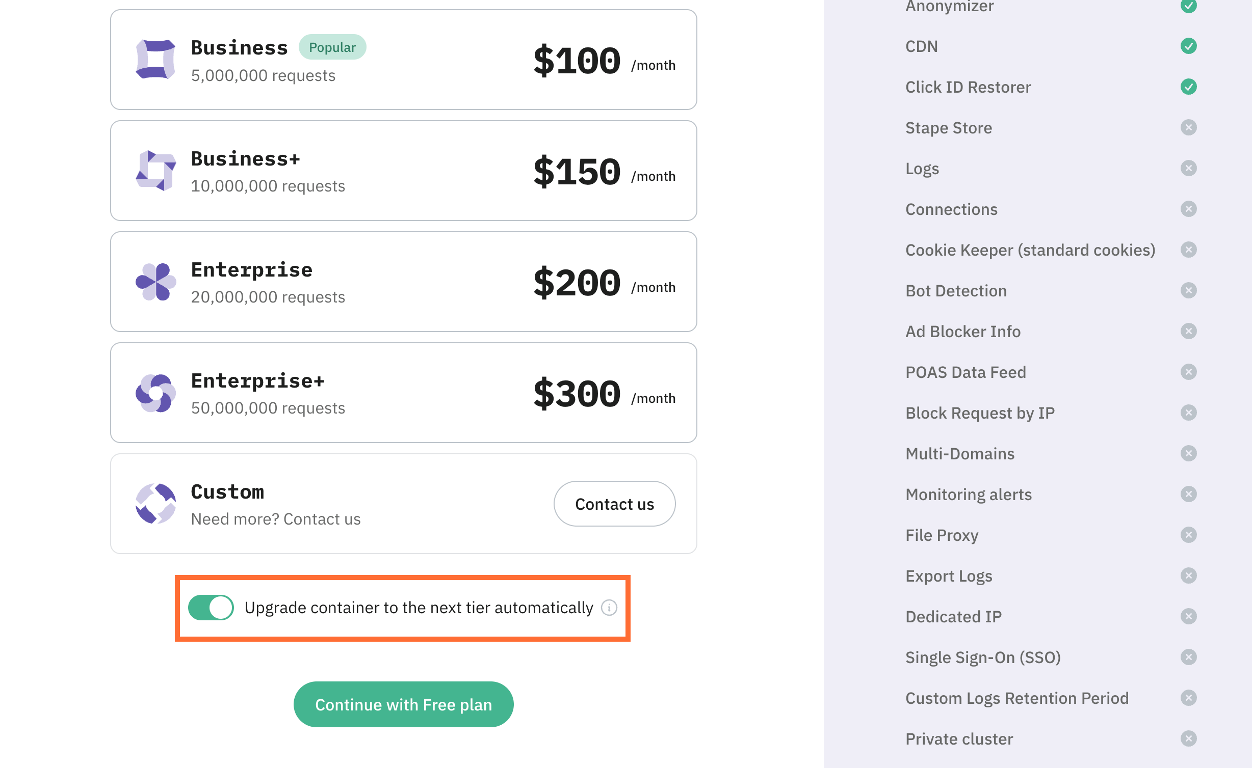 Auto-upgrade toggle on the plans page