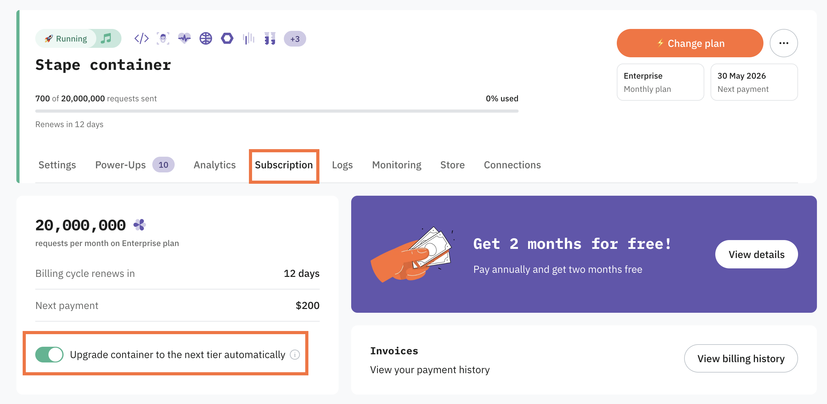 Auto-upgrade toggle in the "Subscription" tab