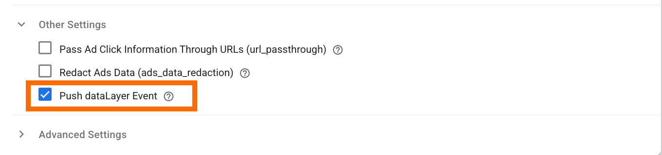 "Push dataLayer Event" checkbox