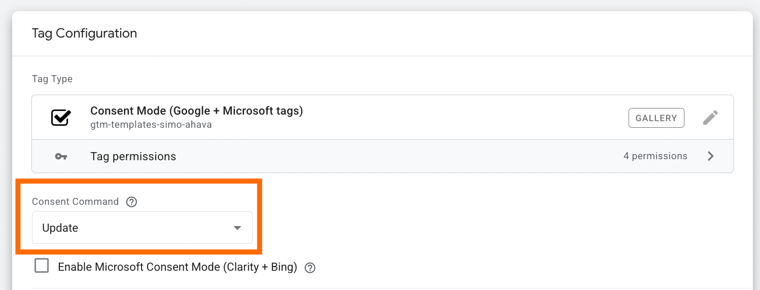 Consent Command "Update" selected