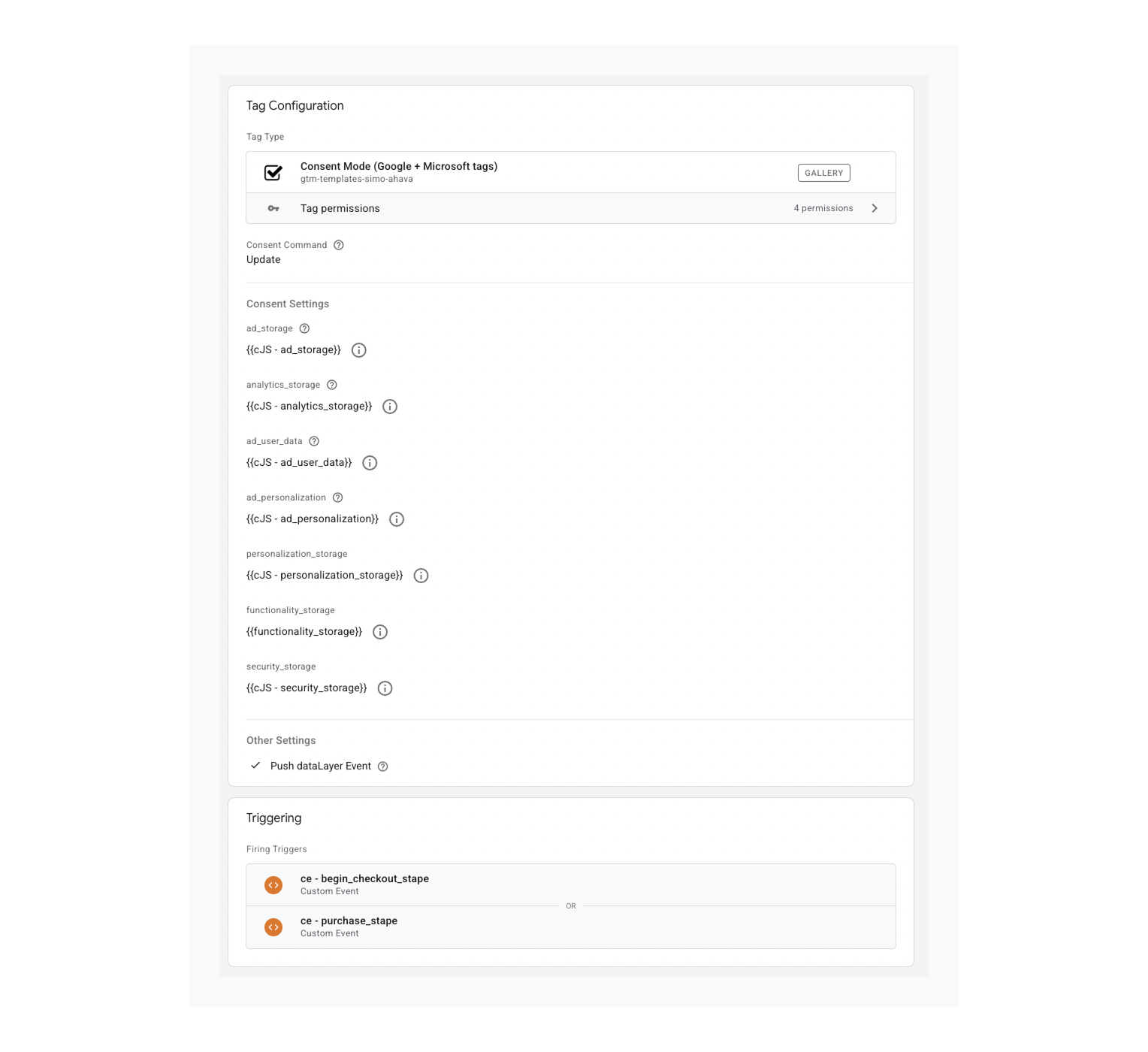 "Consent Mode (Google + Microsoft tags)" tag configuation