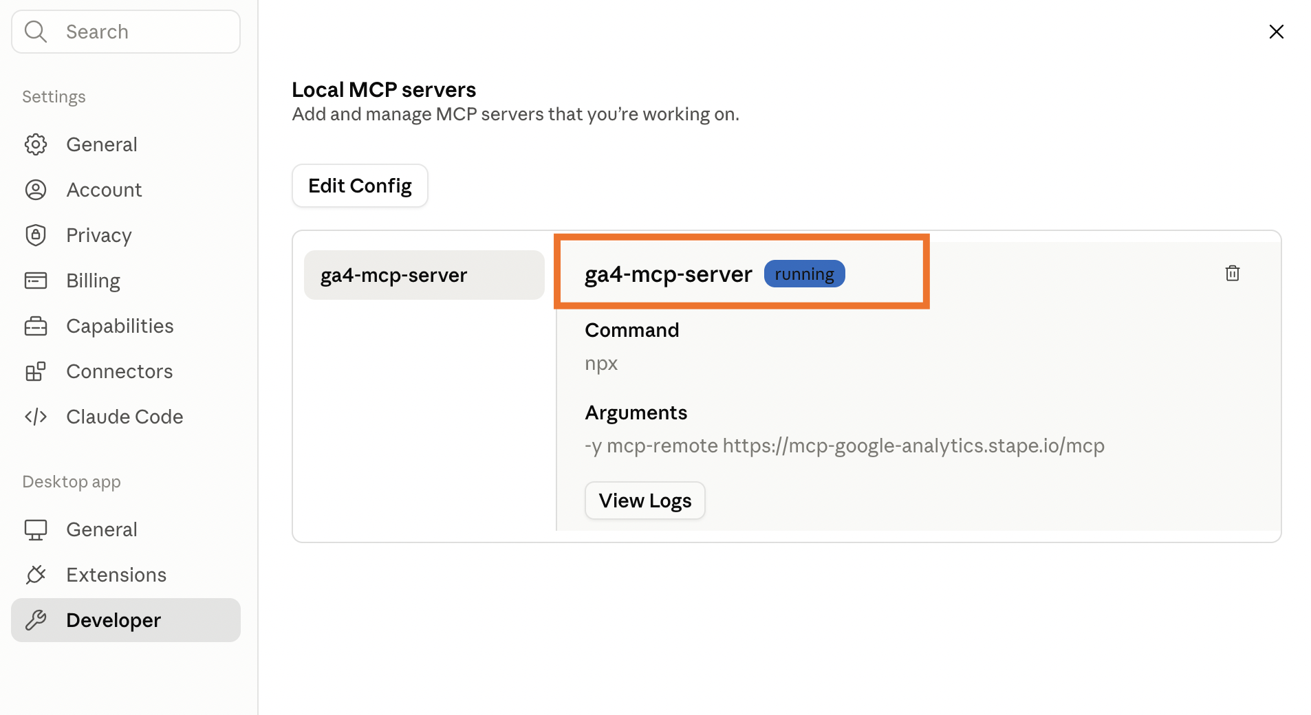 GA4 MCP server running status