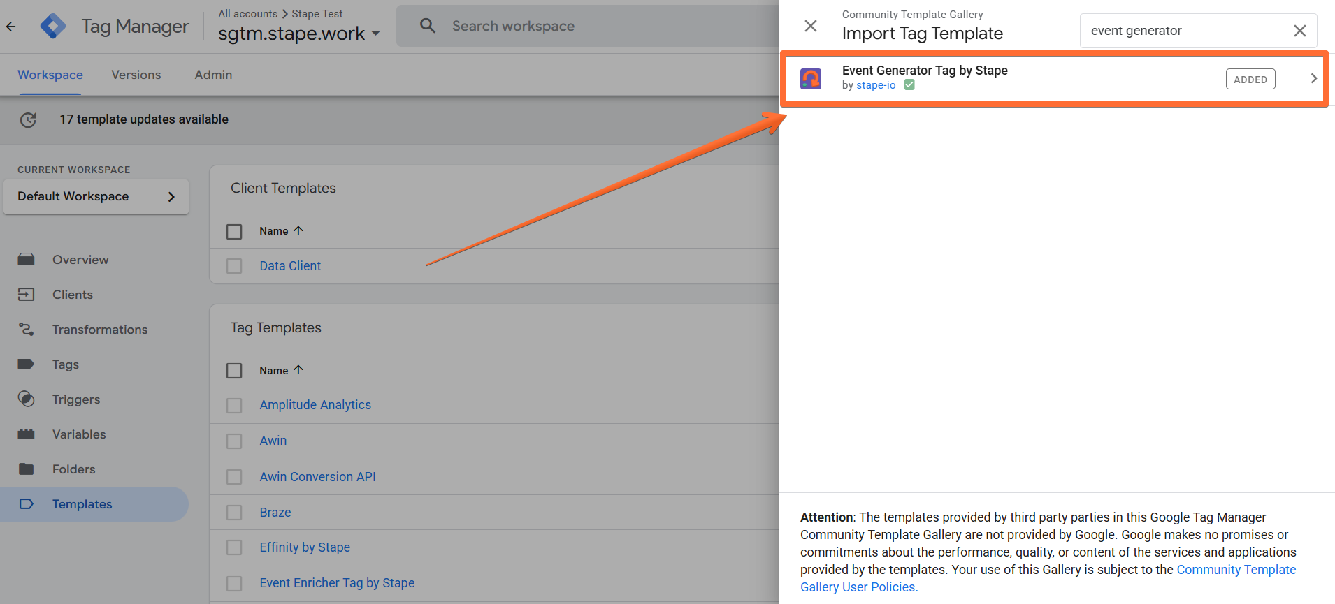 Search for Event Generator Tag by Stape