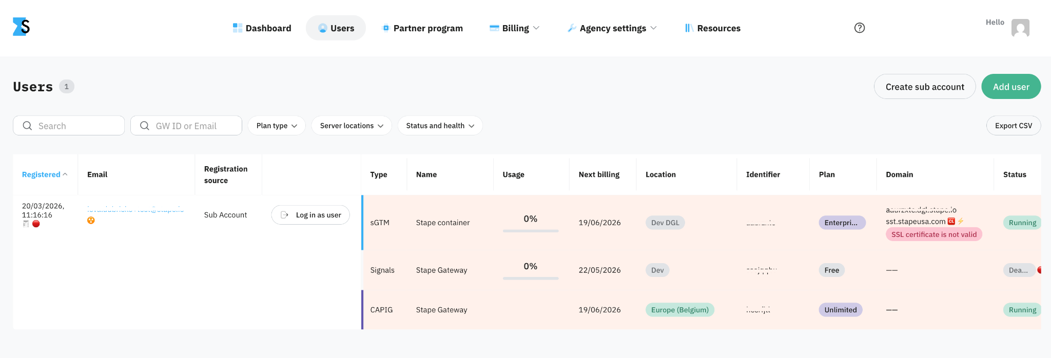 List of clients (sub accounts) in Stape
