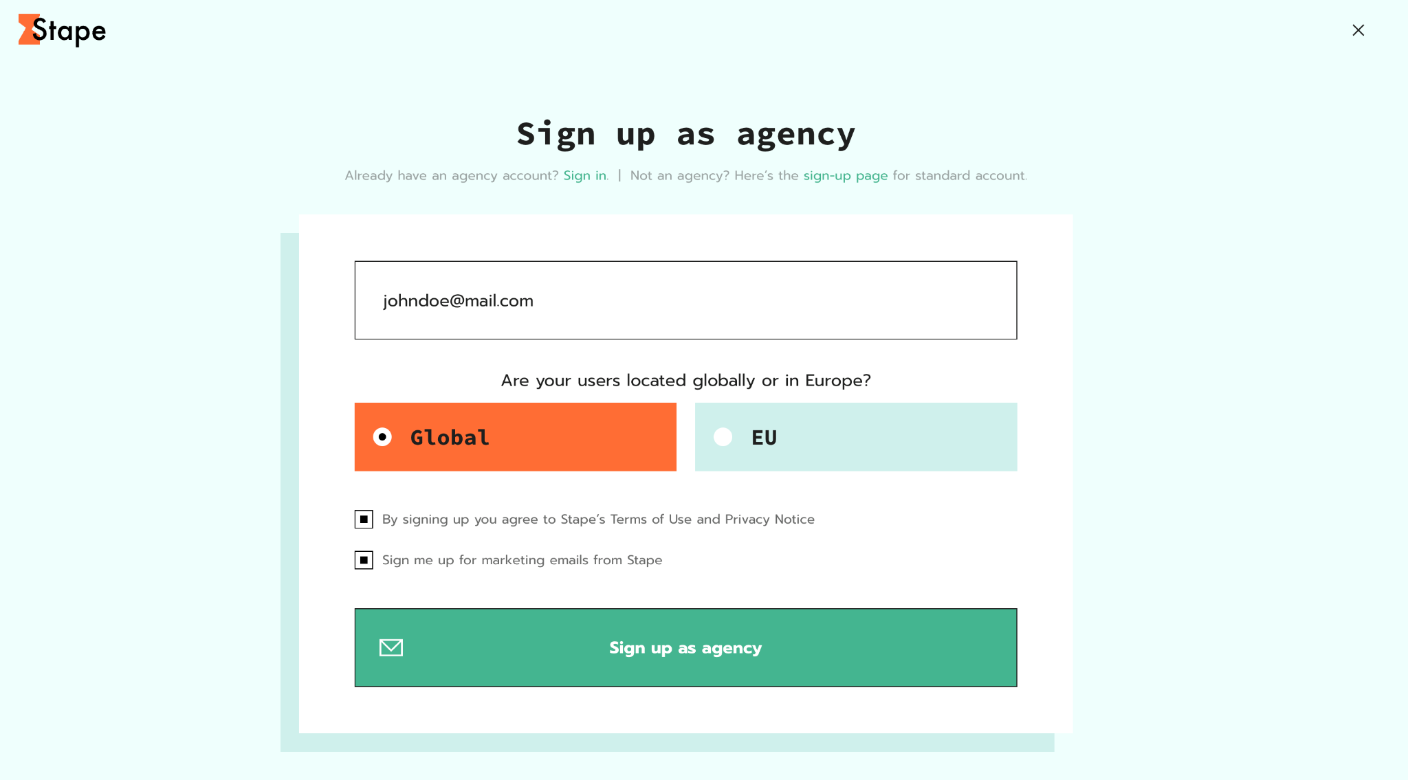 Stape "Sign up as agency" page