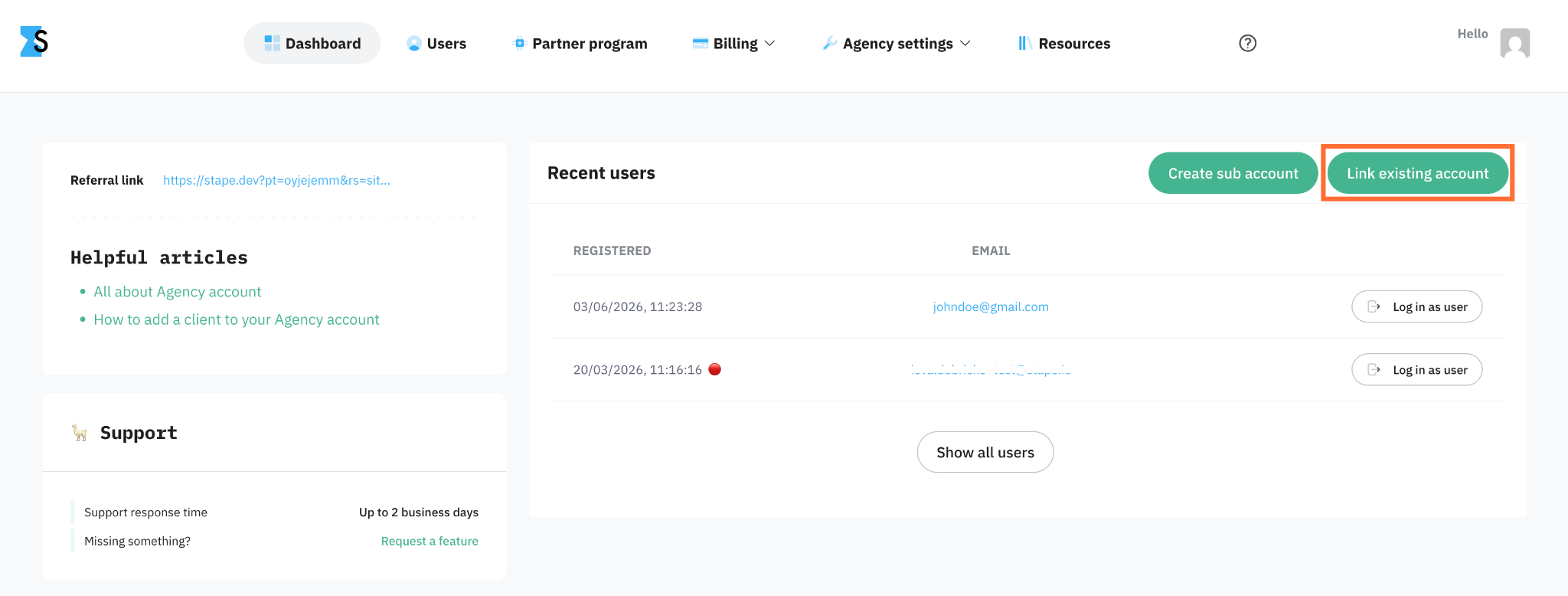 "Link existing account" button