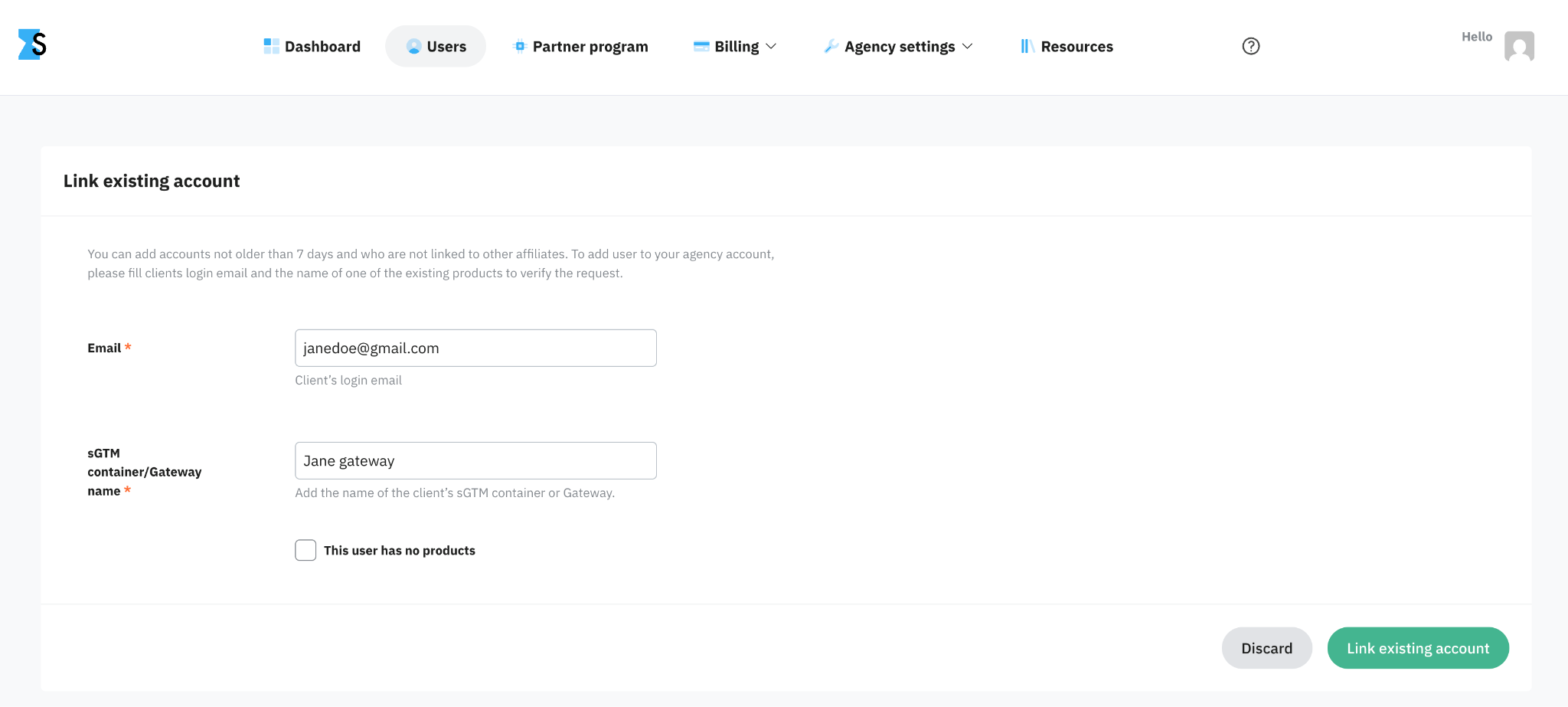 Existing account linking page