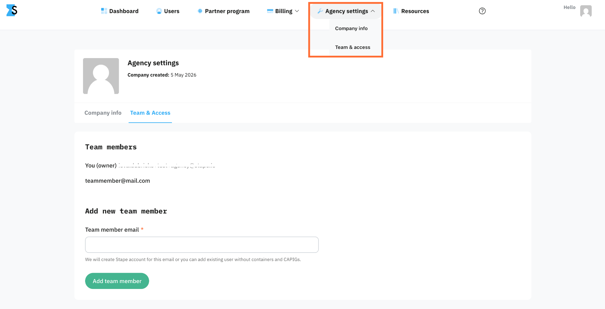 Agency settings β Team & access