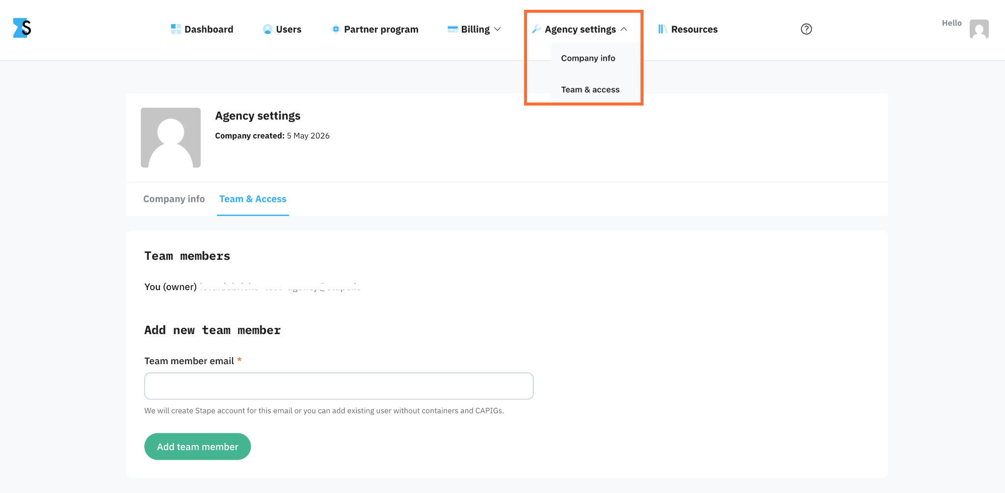 Agency settings β Team & access