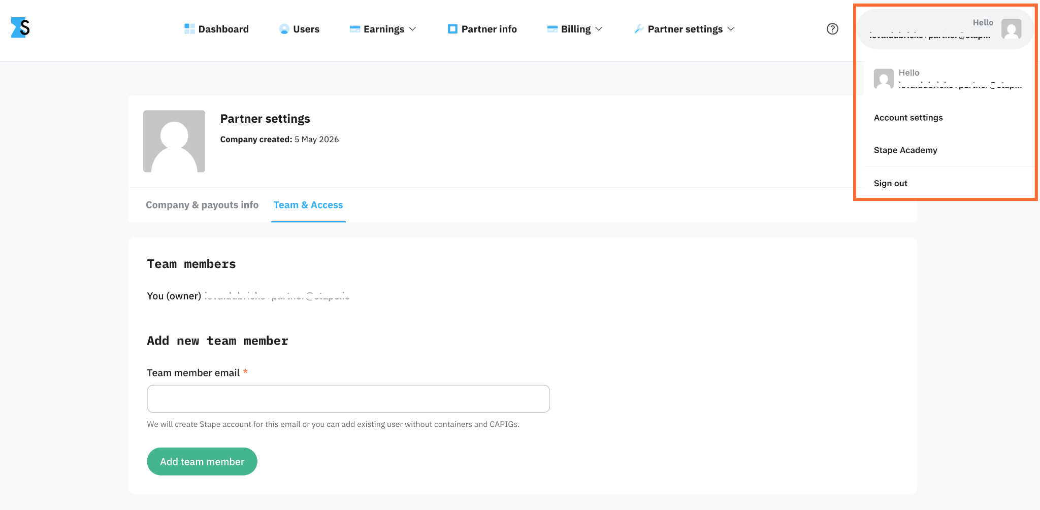 Stape account menu