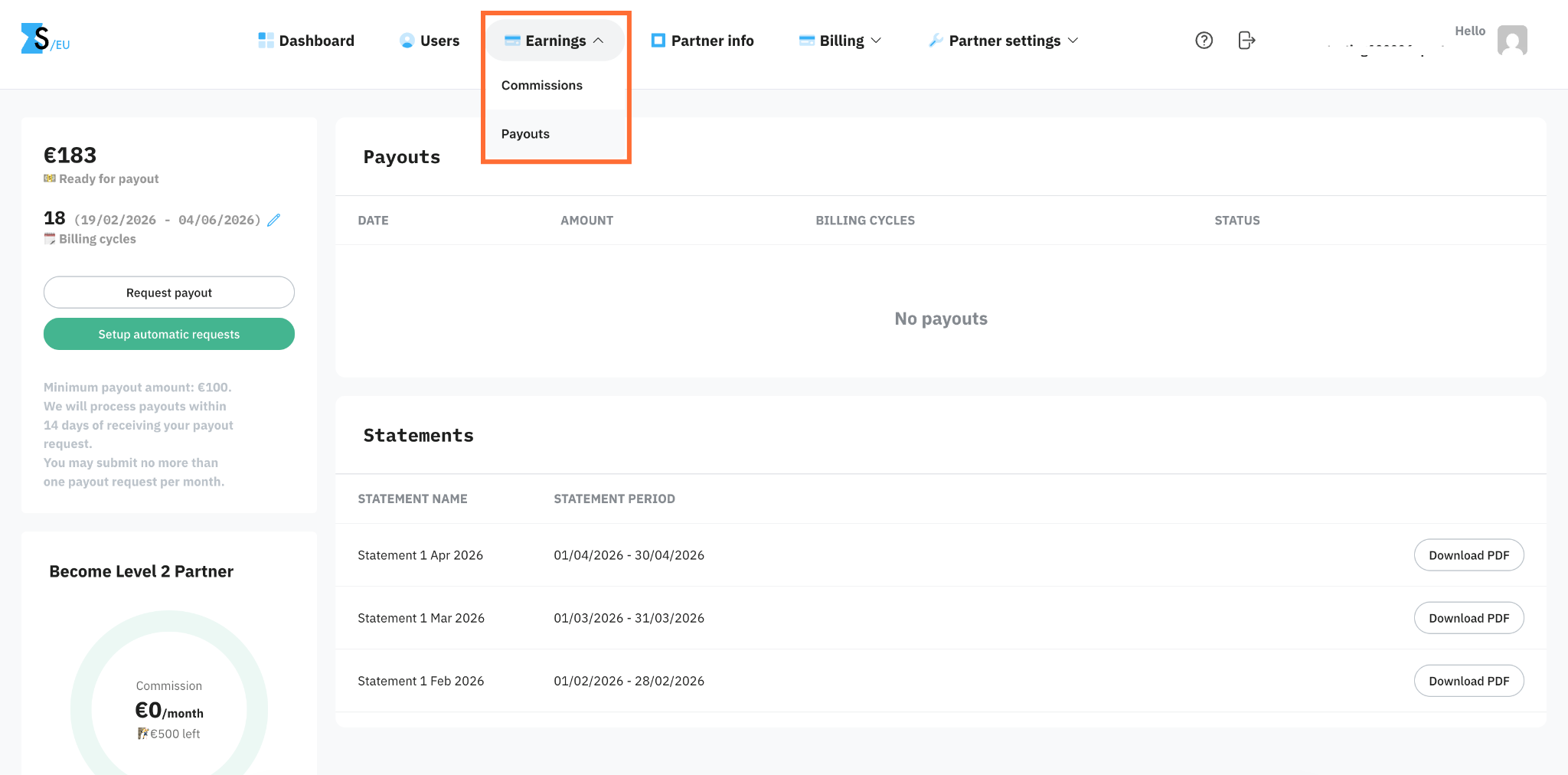 Payouts section