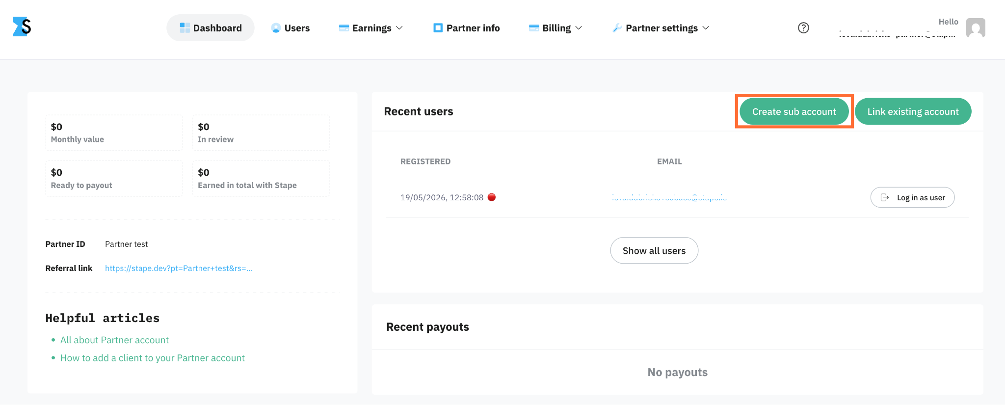"Create sub account" button