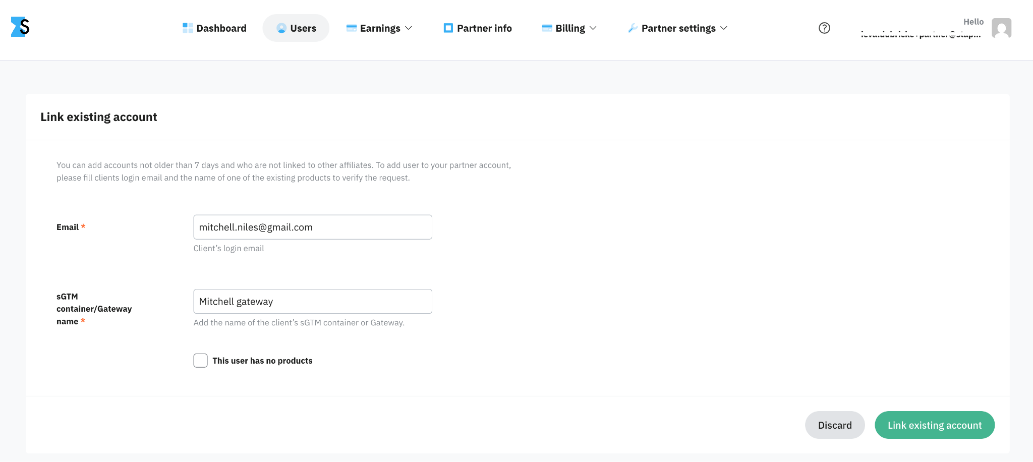 Existing account linking form