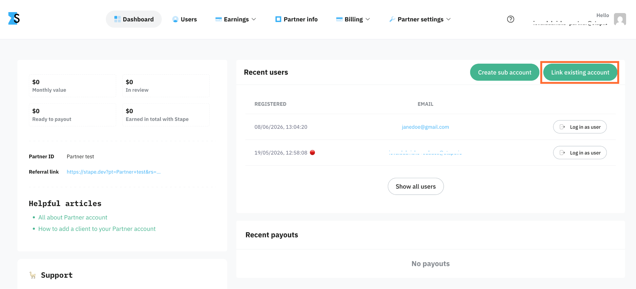"Link existing account" button