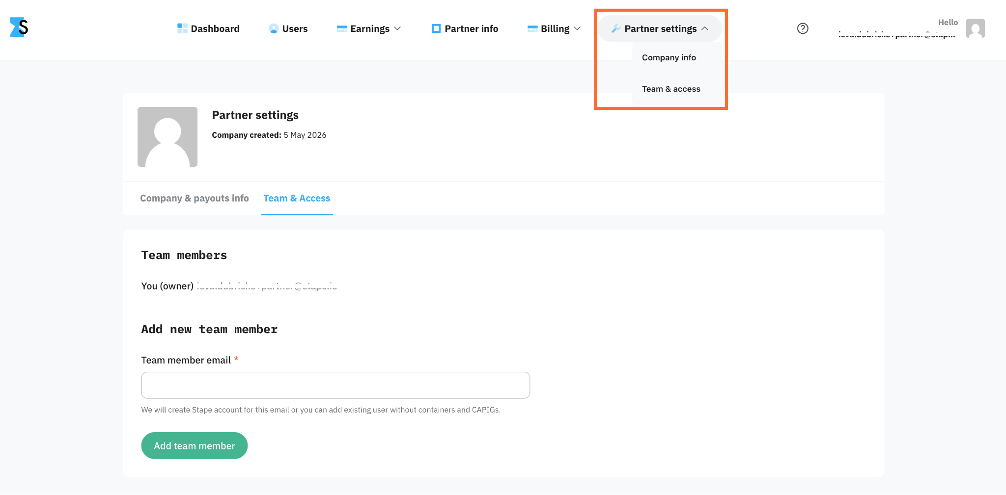 Partner settings → Team &amp; access