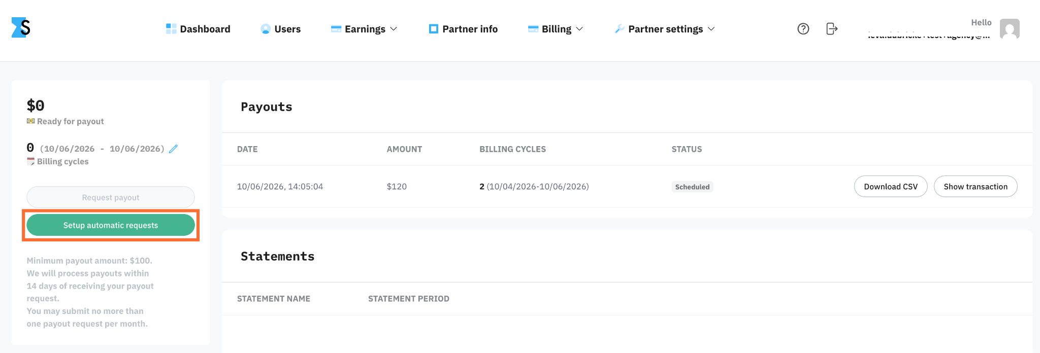 Setup automatic requests button