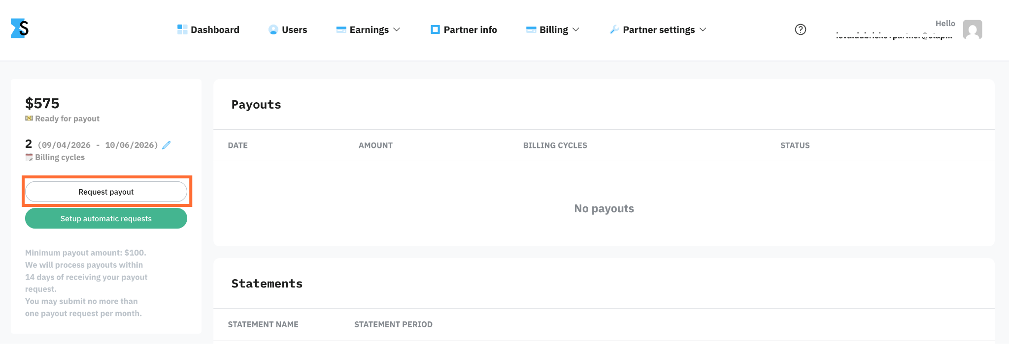 Request payout button