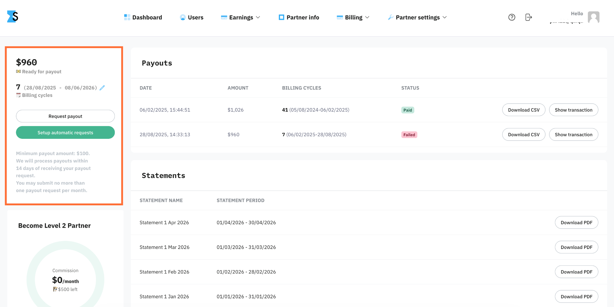 Request payout options