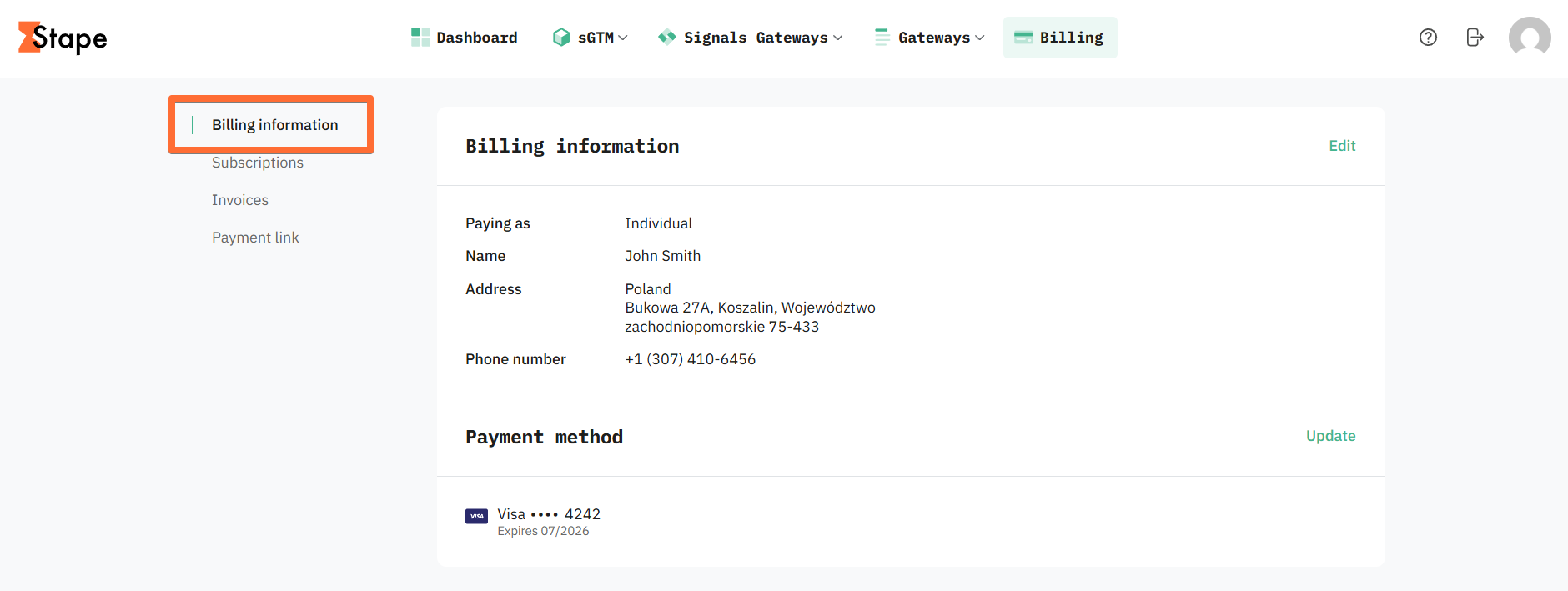 Billing information