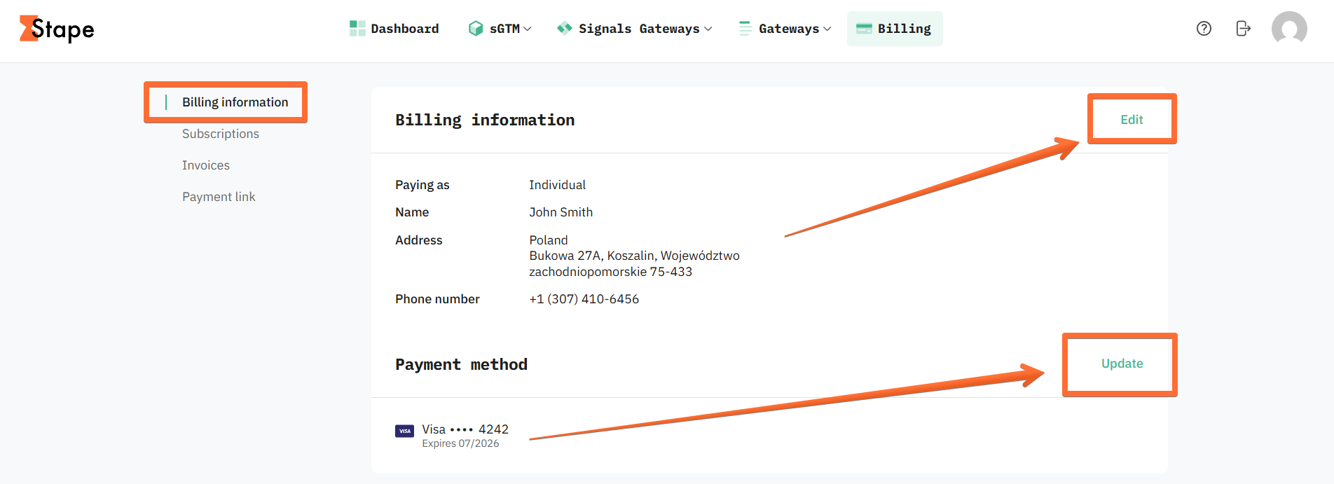 Billing information menu