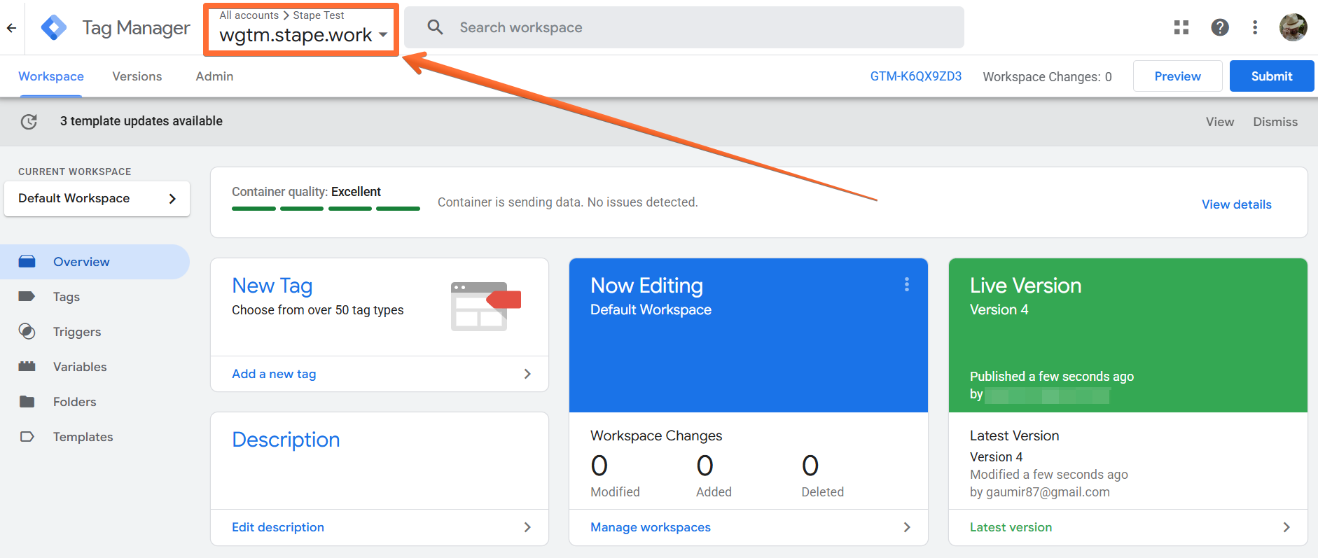 Select a web GTM container