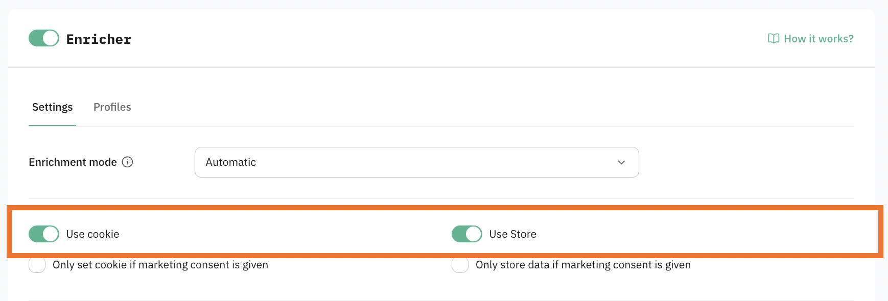 Select a method for storing user data by enabling the toggle next to the method