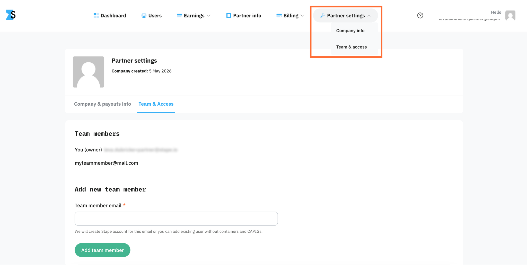 Partner settings → Team &amp; access