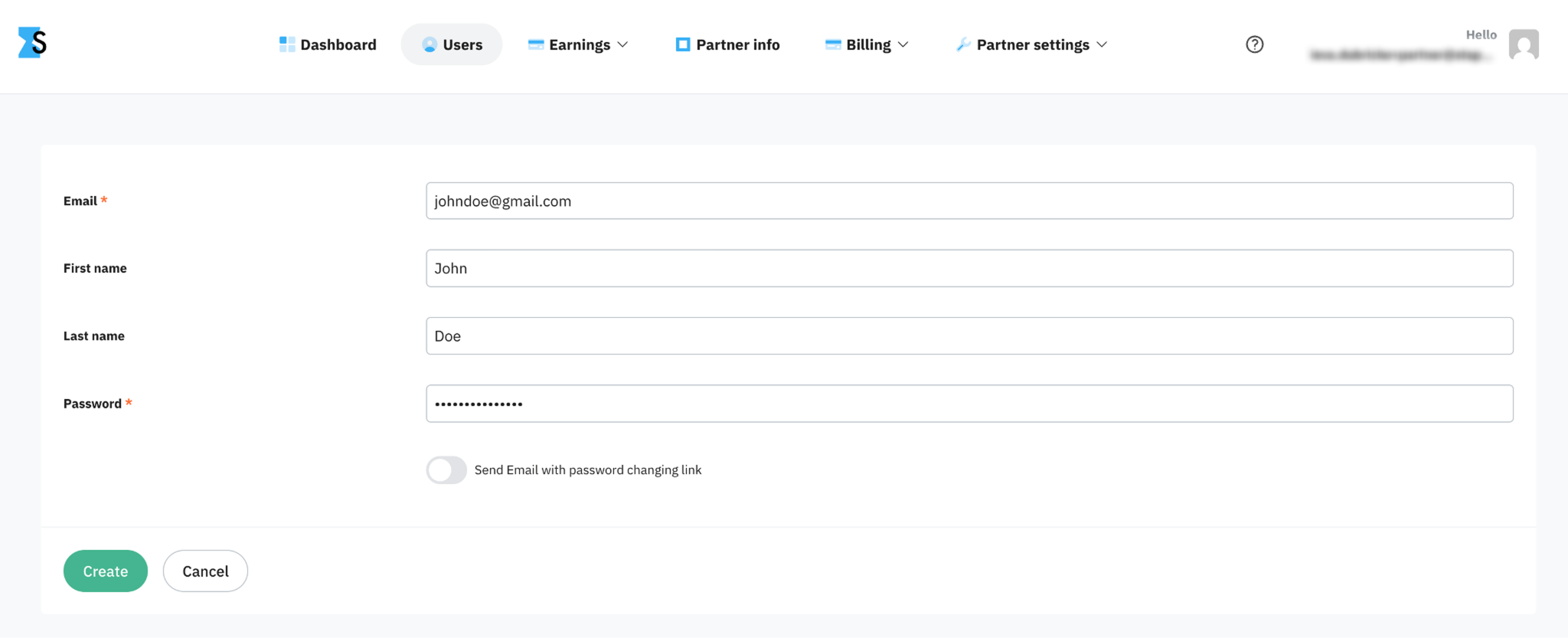 Sub account creation form