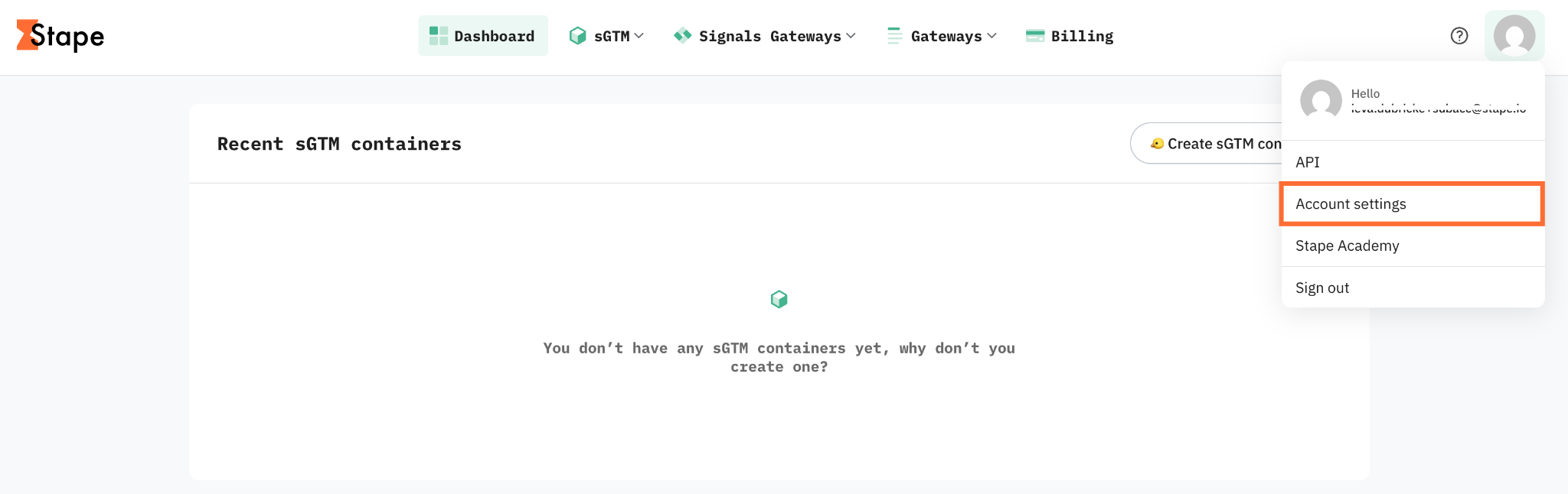 Account settings in profile menu