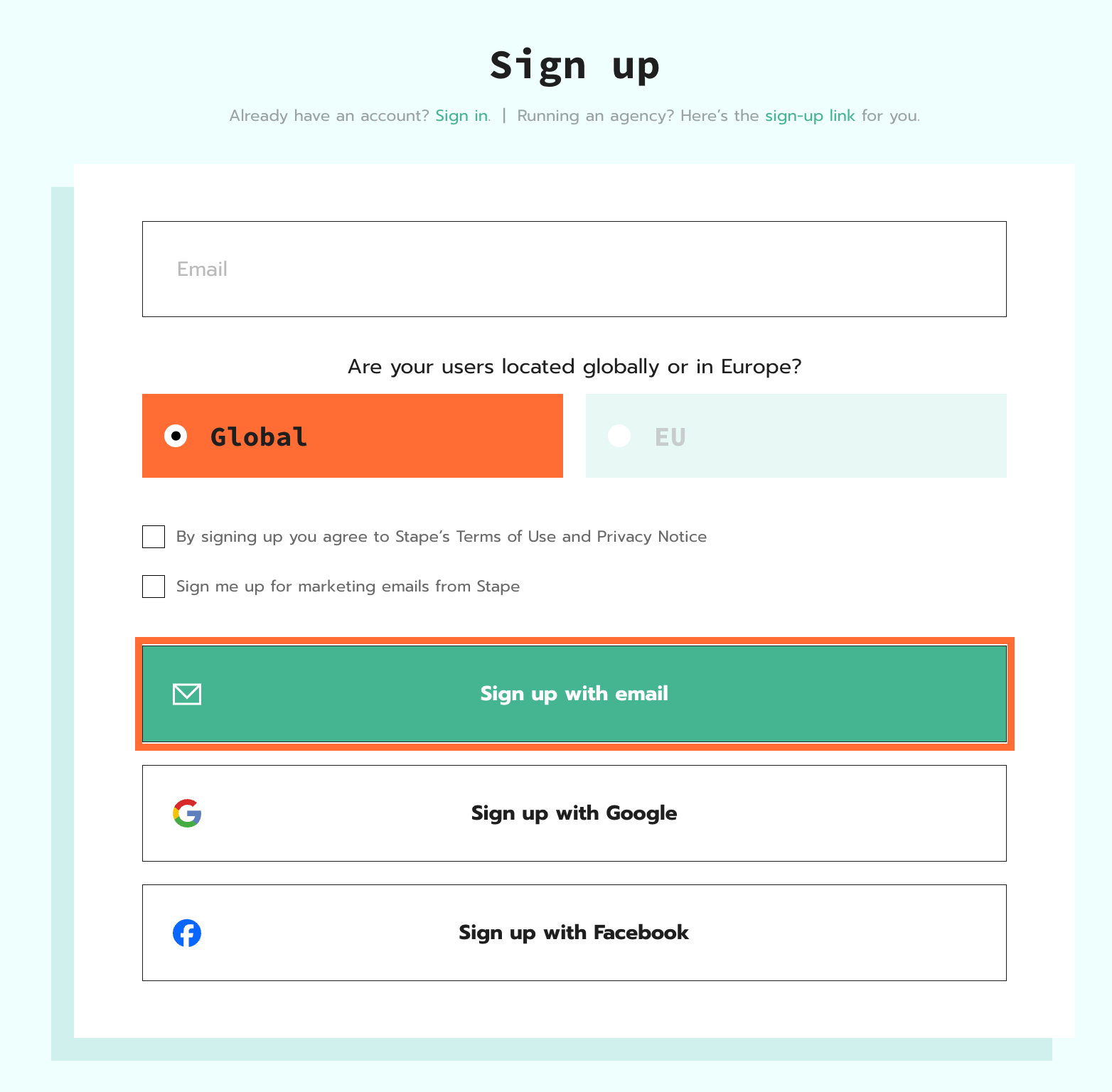 "Sign up with email" option